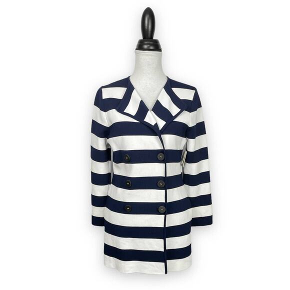 Luii | NWT Anthro Navy & White Stripe Thick Woven Knit Button Front Jacket - Picture 2 of 13